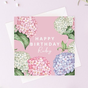 Carte de joyeux anniversaire personnalisée hortensia rose pour amie, maman grand-mère, carte de voeux aquarelle florale botanique