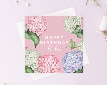 Hydrangea Botanical Personalised Happy Birthday Card for Friend, Mum Grandma, Pink Floral Watercolour Greetings Card