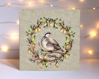 Tarjeta de Navidad de perdiz, tarjeta de perdiz en una tarjeta de peral, tarjeta de felicitación de pájaro de Navidad