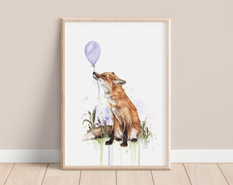 Watercolour Fox with Balloon Print, Cute Watercolour Illustrated Animal, Kids Nursery Artwork, Giclee Fine Art Print A4 A5 -  Fern the Fox