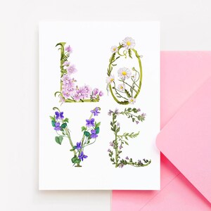 Carte d'anniversaire florale avec lettres d'amour, carte de voeux botanique illustrée de fleurs sauvages A6