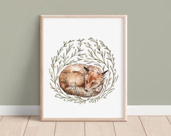 Little Sleeping Fox, Nature Watercolour Pen Ink Illustration Fine Art Print, Animal Art 8x10"