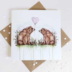 Bears Greetings Card, Watercolour Bear Mother’s Day Mama Bear, Couple Anniversary Engagement Birthday Balloon Cute Illustrated Card