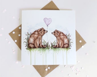 Bears Greetings Card, Watercolour Bear Mother’s Day Mama Bear, Couple Anniversary Engagement Birthday Balloon Cute Illustrated Card