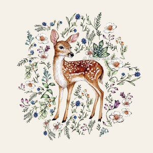 Watercolour Fawn Print, Wildflowers Botanical Deer, Floral Deer Nursery Artwork, Giclee Fine Art Print 8x10