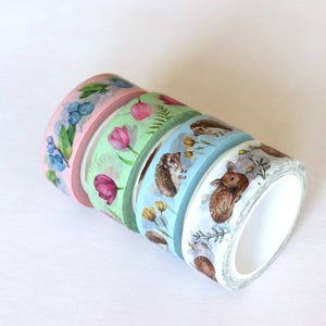 Lot de 4 rubans adhésifs Washi, hérisson, tulipe, faon et myrtille, adhésifs de masquage d'animaux à l'aquarelle pour journal de scrapbooking, cadeau de papeterie