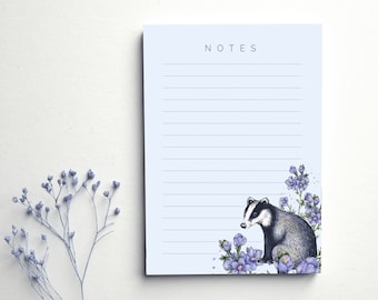 Floral Badger A6 Notepad, Mini Jotter Purple Watercolour Illustrated Lined Writing Notes, Stationery Gift