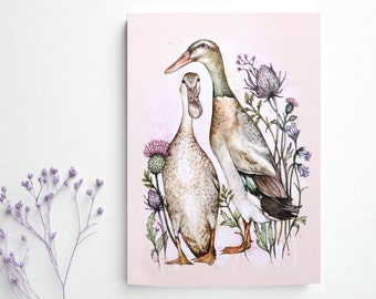 Runner Ducks Greetings Card, Floral Ducks Birthday Card for Her, Mothers Day, Mum, Grandma, Watercolour Card A6