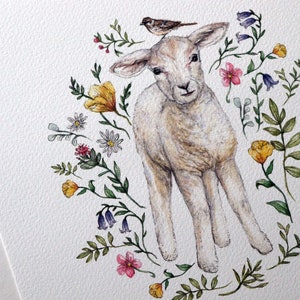 May include: A watercolor painting of a white lamb with a small bird perched on its head. The lamb is surrounded by a wreath of colorful flowers, including yellow, pink, and purple.