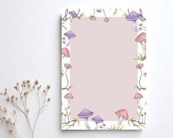 Pink Mushies A5 Notepad, Watercolour Illustrated Mushroom Fungi Printed Paper Notes, Stationery Gift