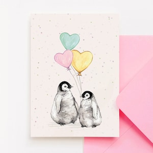 Carte de voeux pelucheux de pingouins, carte d'oiseau illustrée mignonne d'aquarelle de ballon d'anniversaire de bébé A6