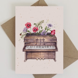 Carte de voeux aquarelle piano, notes florales, pianiste professeur de musique, carte d'anniversaire illustrée A6 merci