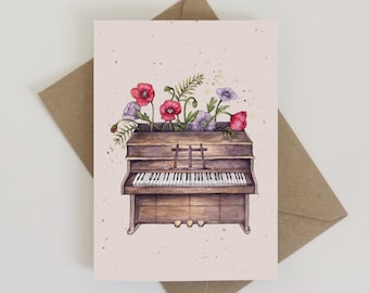 Watercolour Piano Greetings Card, Floral Notes, Pianist Music Teacher Thank You Illustrated A6 Birthday Card