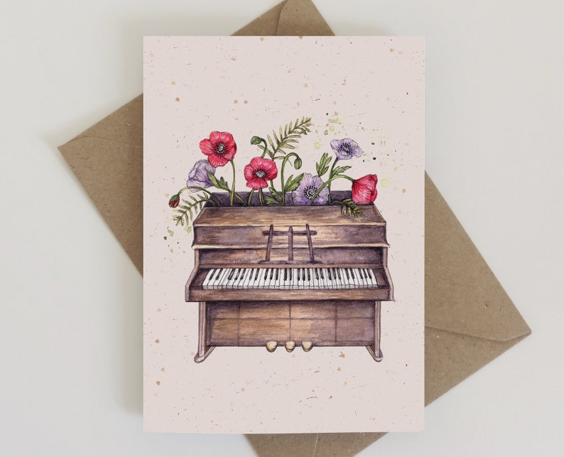 Watercolour Piano Greetings Card, Floral Notes, Pianist Music Teacher Thank You Illustrated A6 Birthday Card image 1