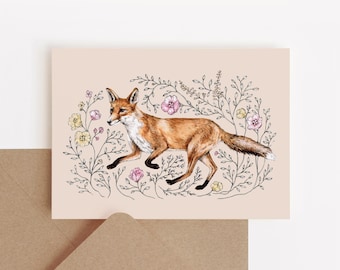 Fox Trot Greetings Card Floral Fox Card, Animal Birthday Card A6