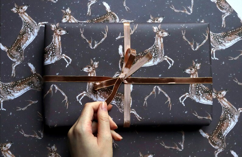 Christmas Deer Wrapping Paper, Snowy Deer Antlers Pattern, Leaping Deer Gift Wrap Sheets image 4