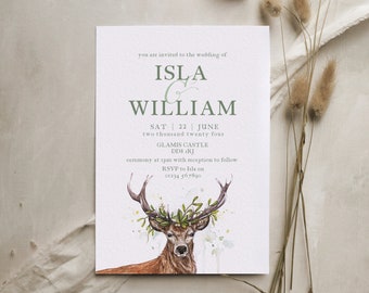 Woodland Stag Wedding Invitation, Scottish Rustic Deer Winter Wedding Invites A5 or 5x7", Sage Green Suite