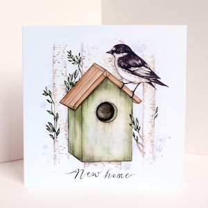 Carte de voeux oiseau de maison neuve, carte de déménagement, première maison, carte illustrée à l'aquarelle