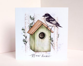 New Home Bird Greetings Card, Moving House Card, First Home, Watercolour Illustrated Card