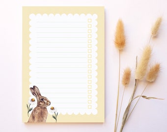 Floral Hare A5 Notepad Checklist, Watercolour Illustrated Lemon Yellow Printed Paper Notes, Stationery Gift