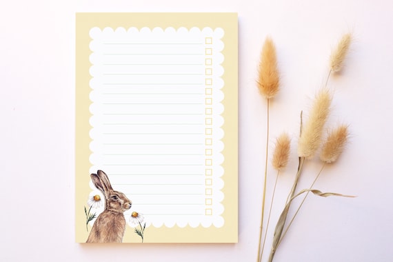 Floral Hare A5 Notepad Checklist, Watercolour Illustrated Lemon Yellow Stationery Easter Gift