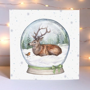 Snow Globe Stag Christmas Card, Woodland Animals Xmas, Magical Snowy Illustrated Watercolour Deer Greetings Recycled Card