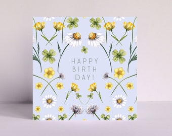 Buttercup Botanical Personalised Happy Birthday Card for Mum Grandma, Floral Watercolour Wildflower Greetings Card