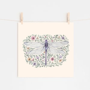 Watercolour Dragonfly Print, Insect Botanical Floral Dragonfly Fine Art Square Print 8x8"