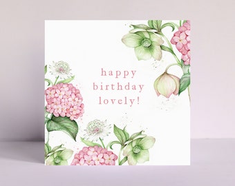 Vintage Florals Hellebore Personalised Card for Mum Grandma Friend Sister, Hydrangea Watercolour Illustrated Birthday Greetings Card