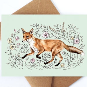 Fox Trot Greetings Card Floral Fox Card, Animal Birthday Card A6