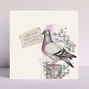 Carte de voeux message pigeon, carte d'anniversaire personnalisée illustrée oiseau mignon aquarelle