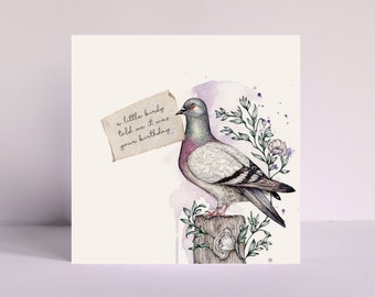 Pigeon Message Greetings Card, Watercolour Bird Cute Personalised Illustrated Personalised Birthday Card
