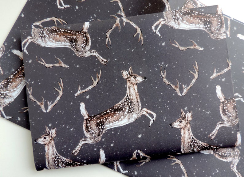 Christmas Deer Wrapping Paper Snowy Deer Antlers Pattern Etsy