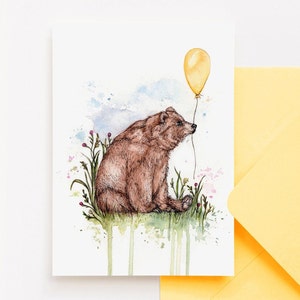 Bodie the Bear Greetings Card Birthday Balloon Cute Watercolour Illustrated Animal Card A6 image 1