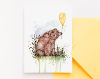 Bodie the Bear Greetings Card Birthday Balloon Cute Watercolour Illustrated Animal Card A6