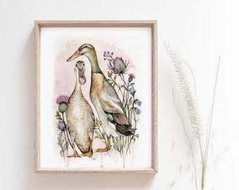 Indian Runner Ducks - Wild Flowers Watercolour Thistles Bird Illustration Fine Art Print - 8x10" 5x7"