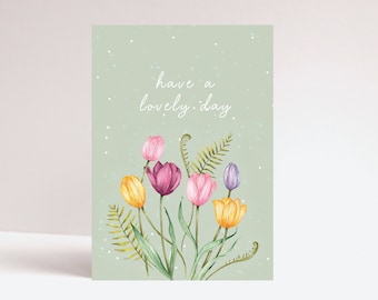 Pastel Tulips Birthday Day Card for Mum Grandma Sister, Floral Watercolour Illustrated Personalised Greetings Card