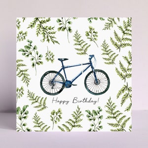 Carte cycliste pour papa, bicyclette botanique fougères aquarelle, carte de voeux illustrée d'anniversaire ou de fête des pères personnalisée