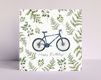 Cyclist Card for Dad, Watercolour Ferns Botanical Bicycle, Illustrated Birthday or Father's Day Personalised Greetings Card