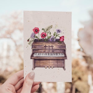 Watercolour Piano Greetings Card, Floral Notes, Pianist Music Teacher Thank You Illustrated A6 Birthday Card image 2