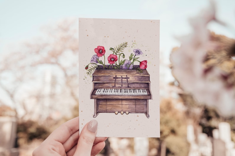 Watercolour Piano Greetings Card, Floral Notes, Pianist Music Teacher Thank You Illustrated A6 Birthday Card image 2