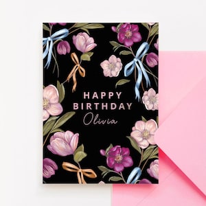 Carte d'anniversaire florale hellébore foncé personnalisée pour elle, amie, maman, carte de voeux illustrée A6