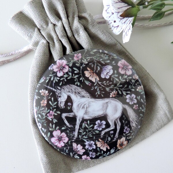 Unicorn Pocket Mirror, Floral Unicorn Pattern, Unicorn Gift, Small Purse Mirror, Illustrated Mirror, Stocking Filler, Unicorn Gift for her