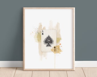 Ace Of Spades Watercolour Print, Minimal Playing Card Painting, Trendy Illustrated Ink Artwork, Square Fine Art Print 8x8" 10x10" A5