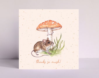 Mushy and Mouse Greetings Card, Thanks So Mush - Watercolour Cute Thank You Illustrated Personalised Card