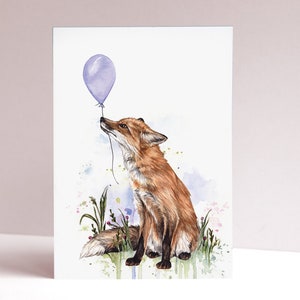 Carte de voeux renard avec ballon, carte d'anniversaire animal illustrée à l'aquarelle pour maman soeur amie A6