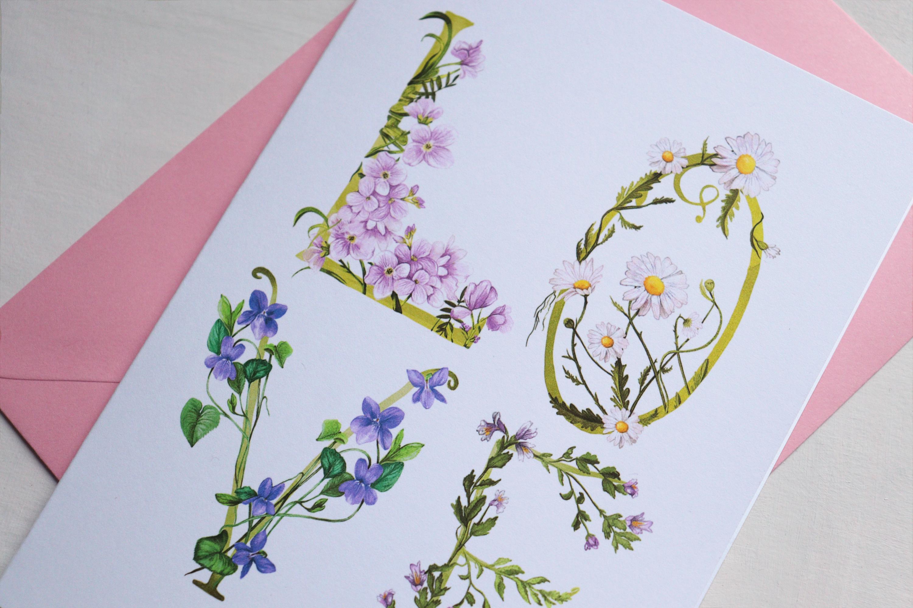 Floral Love Letters Anniversary Card, Illustrated Wildflower Botanical ...