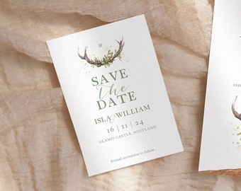 Woodland Antlers Save The Date Invitation, Minimal Rustic Scottish Wedding Invites Suite A6