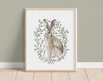 The Brown Hare, Watercolour Hare Print, Ink Illustration, Woodland Hare Leaves Painting, Nursery Animal Print, Nature Print 8x10" 5x7"
