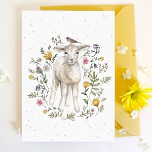 Carte de voeux florale Lion l'agneau anniversaire de Pâques aquarelle illustrée carte mignonne de bébé animal A6